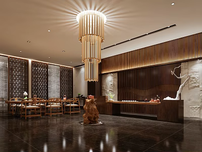 Traditional Chinese Teahouse Interior Design With Wooden Decor Chandelier And Reception Counter 3d model