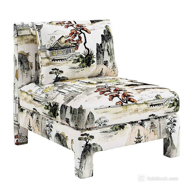Artistic Accent Chair With Chinese Landscape Painting Pattern And Traditional Design 3d model 