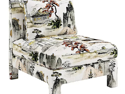 Artistic Accent Chair With Chinese Landscape Painting Pattern And Traditional Design 3d model