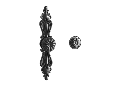 Black Metal Decorative Furniture Handle With Ornate Floral Design And Round Accent Knob 3d model