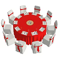 Elegant Round Dining Table Set With Red Tablecloth And White Chairs With Red Bows 3d model