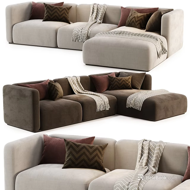 Modern Sectional Sofa With Beige Brown Tones Decorative Pillows And Knit Throws 3d model