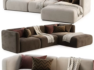 Modern Sectional Sofa With Beige Brown Tones Decorative Pillows And Knit Throws 3d model