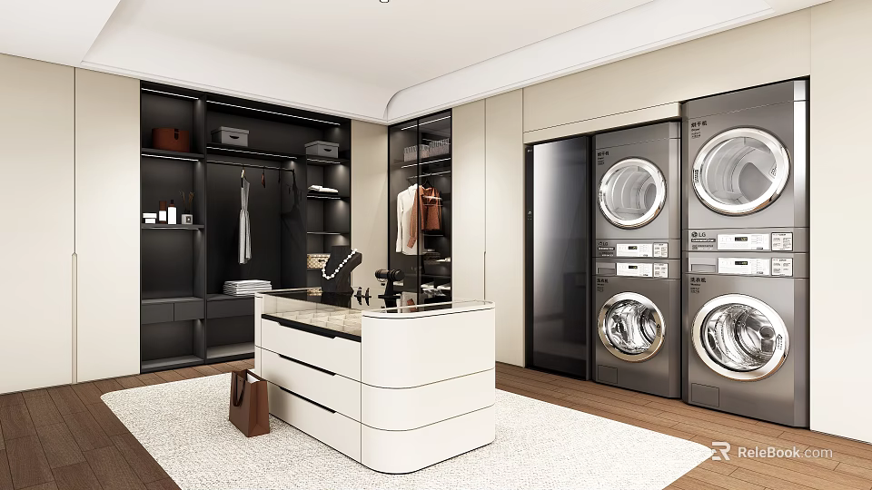 Luxury Modern Walk in Closet with Black Storage Cabinets White Central Island and Hanging Areas 3d model 