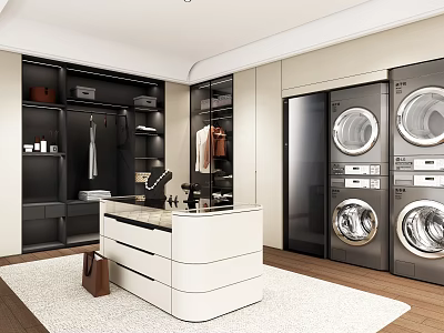 Luxury Modern Walk in Closet with Black Storage Cabinets White Central Island and Hanging Areas 3d model