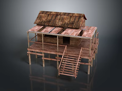 Traditional Wooden Stilt House With Sloped Roof Balcony And Wooden Stairs 3d model
