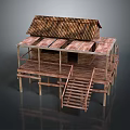 Traditional Wooden Stilt House With Sloped Roof Balcony And Wooden Stairs
