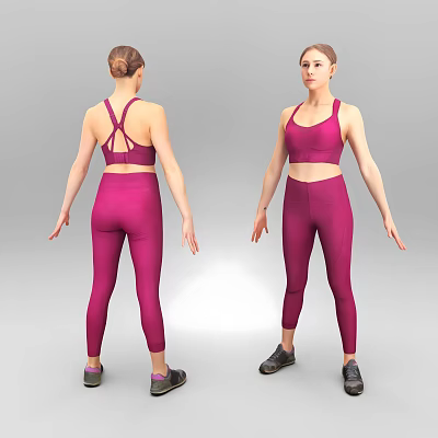 Woman In Purple Sports Bra And Leggings Activewear Front Back View 3d model