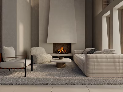 Modern Minimalist Duplex Living Room Interior With Fireplace Sofa Armchairs And Area Rug 3d model