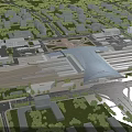 Bird's Eye View Urban Planning with Modern Transportation Hub Buildings Roads and Green Spaces