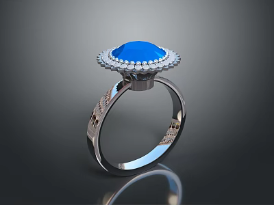 Intricately Sculpted Silver Ring With Blue Gemstone And Decorative Band Carvings 3d model