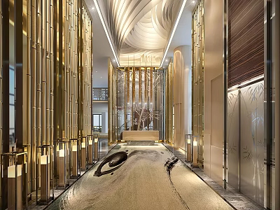 Elegant Modern Hotel Lobby Interior Design With Gold Columns Patterned Carpet And Front Desk 3d model