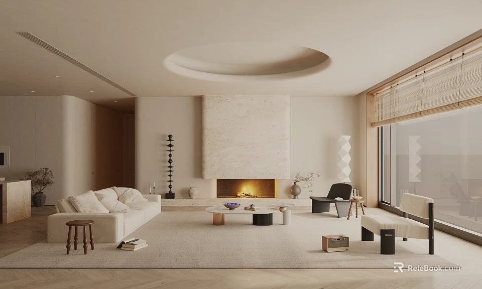 Modern Neutral Living Room Interior With Beige Sofa Fireplace Rug And Floor To Ceiling Window 3d model 