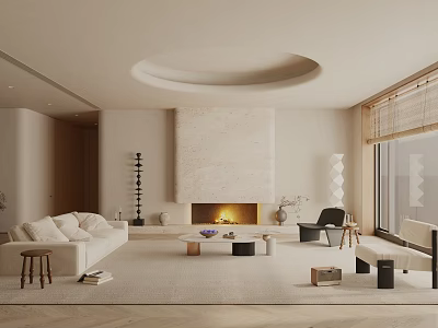Modern Neutral Living Room Interior With Beige Sofa Fireplace Rug And Floor To Ceiling Window 3d model