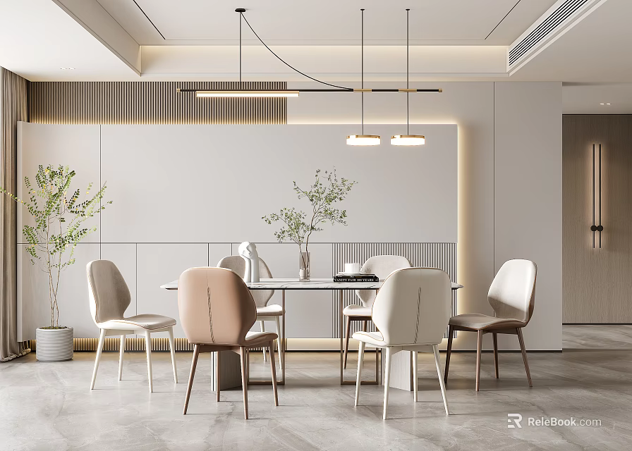 Elegant Modern Restaurant Interior With Dining Table Chairs Pendant Lights And Plants 3d model 