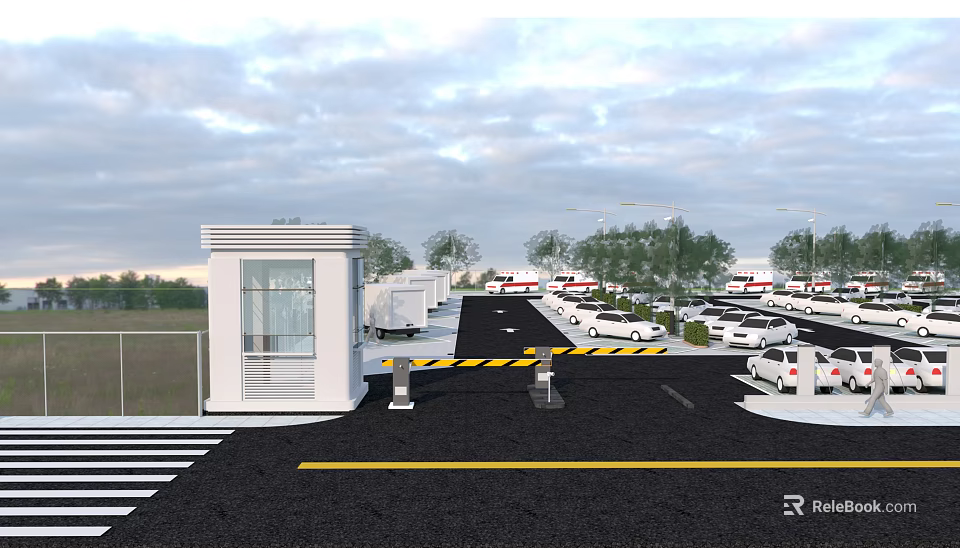 Organized Parking Lot With Gatehouse Parked Cars And Surrounding Trees 3d model 