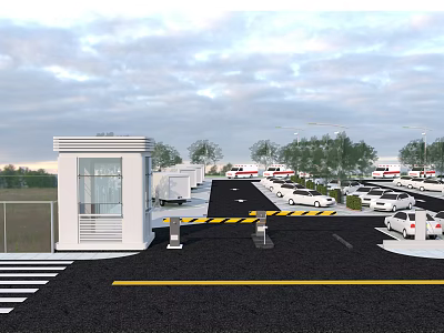 Organized Parking Lot With Gatehouse Parked Cars And Surrounding Trees 3d model