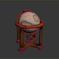 Decorative Globe on Wooden Stand with Red Accents and Blue Trim
