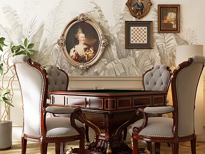 Classic Entertainment Table With Upholstered Chairs Wall Art And Plant 3d model