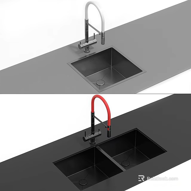 Modern Bathroom Sink Countertop With Black Surface Red And Silver Faucets 3d model 