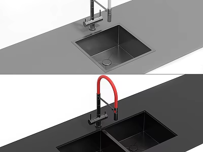 Modern Bathroom Sink Countertop With Black Surface Red And Silver Faucets 3d model