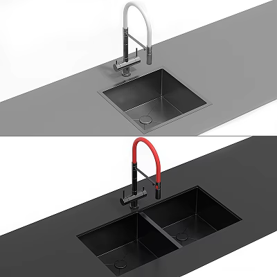Modern Bathroom Sink Countertop With Black Surface Red And Silver Faucets 3d model