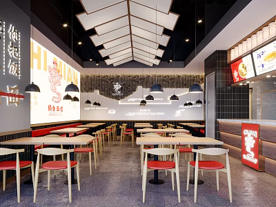 Modern Restaurant Interior with Black Pendant Lights Red Seats Wooden Tables and Ceiling Design 3d model