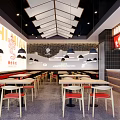 Modern Restaurant Interior with Black Pendant Lights Red Seats Wooden Tables and Ceiling Design