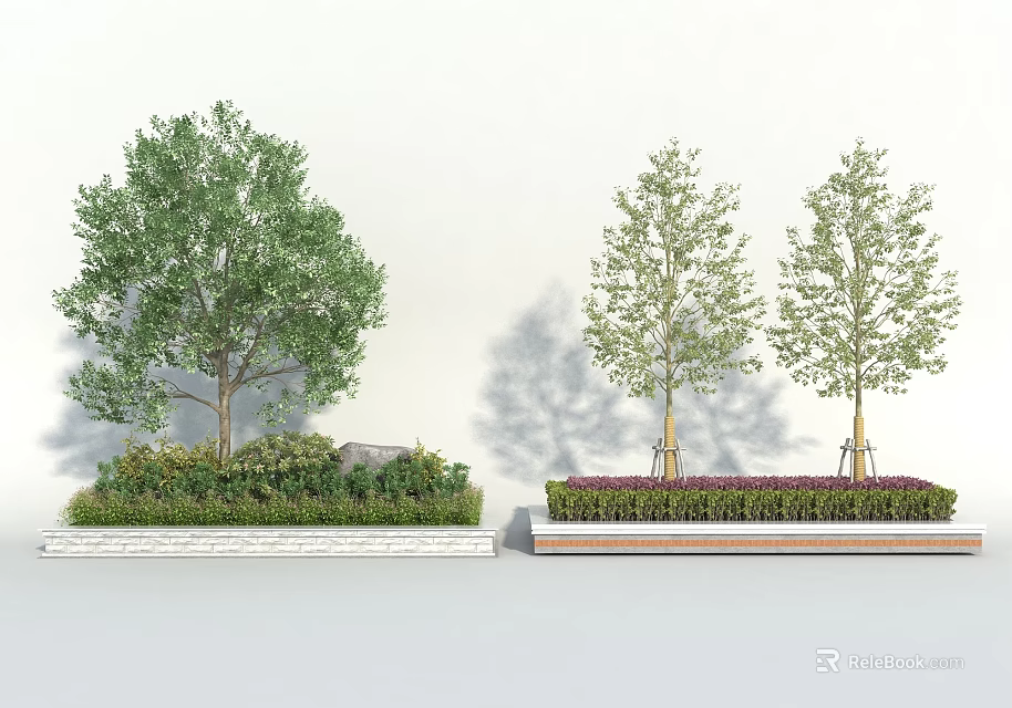 Tree Pits With Single And Double Trees Surrounded By Shrubs And Stone 3d model