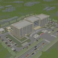Modern Multi Story Office Building Surrounded By Green Trees Parking Lot And Road