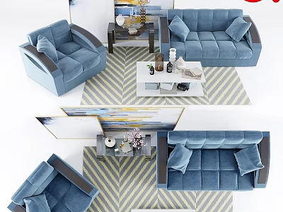 Stylish Modern Living Room Interior With Blue Sofa Armchair Coffee Table And Decorative Rug 3d model