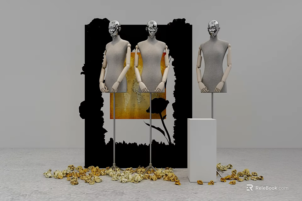 Stylish Window Display Featuring Mannequins Black Backdrop White Pedestal And Golden Decorative Elements 3d model 