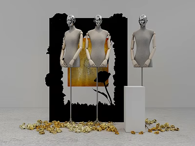 Stylish Window Display Featuring Mannequins Black Backdrop White Pedestal And Golden Decorative Elements 3d model