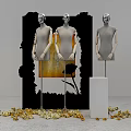 Stylish Window Display Featuring Mannequins Black Backdrop White Pedestal And Golden Decorative Elements