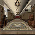 Elegant Wine and Tobacco Shop Lobby With Chandeliers Wooden Barrels and Decorative Rug