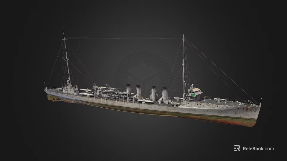 Vintage Wooden Ship With Three Chimneys Tall Masts And Deck Structures 3d model 