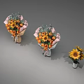 Orange Flower Bouquets With Green Leaves Wrapping Paper Ribbons And Sunflower In White Vase