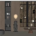 Modern Decorative Cabinet With Books Golden Spherical Ornament Black Sculpture And Wooden Texture Wall
