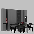 Modern Dining Table Set with Round Table Black Brown Chairs Gray Cabinets and Red Decor 3d model