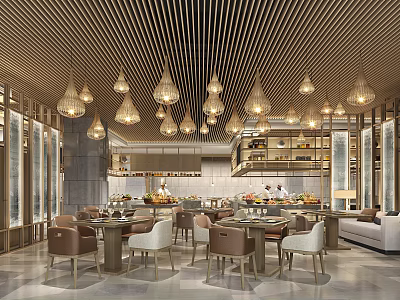 Elegant Modern Restaurant Interior With Linear Ceiling Pendant Lights And Dining Tables Chairs 3d model