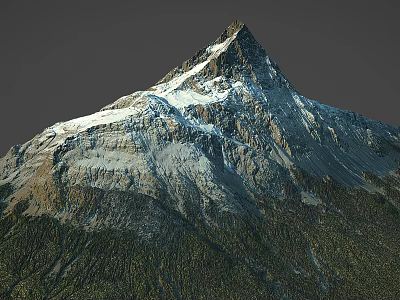 Majestic Snow Capped Mountain Peak With Rocky Slopes Green Vegetation Against Gray Sky 3d model