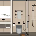Modern Minimalist Bathroom Interior With Vanity Mirror Toilet Glass Shower And Towel Rack
