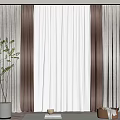 Brown And Beige Layered Curtains With White Sheer In Modern Living Room With Green Plant