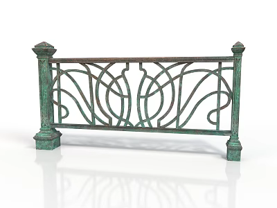Green Wrought Iron Railing With Ornate Scrollwork And Decorative Posts 3d model