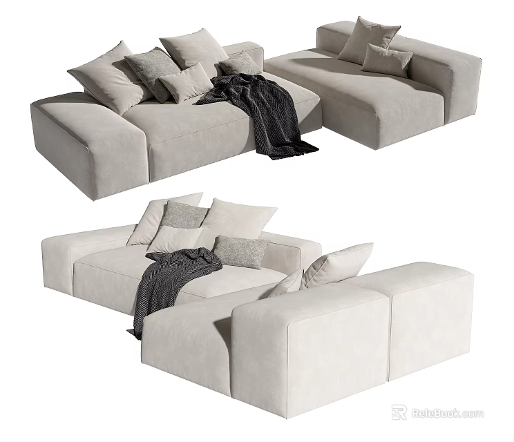 Modern Beige Sectional Sofa with Soft Cushions Decorative Pillows and Throw Blanket 3d model