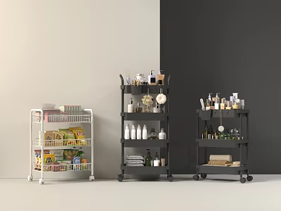 Rolling Storage Shelving Units In White And Black With Food Bottles Jars And Supplies 3d model