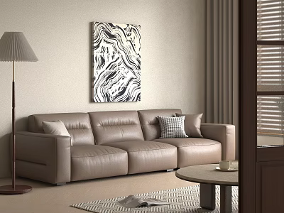 Three-Seater Beige Sofa with Floor Lamp Round Coffee Table and Black White Marble Wall Painting 3d model