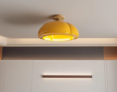 Yellow Pumpkin Shaped Flush Mount Ceiling Light Illuminated In Modern Interior 3d model