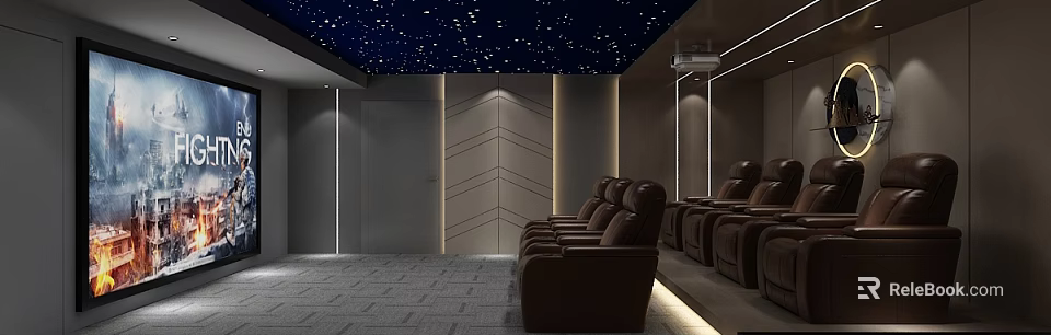 Modern Home Theater Interior With Starry Ceiling Brown Leather Seats Gray Walls And Gray Carpet 3d model 