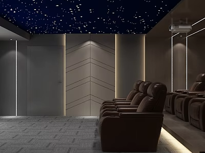 Modern Home Theater Interior With Starry Ceiling Brown Leather Seats Gray Walls And Gray Carpet 3d model